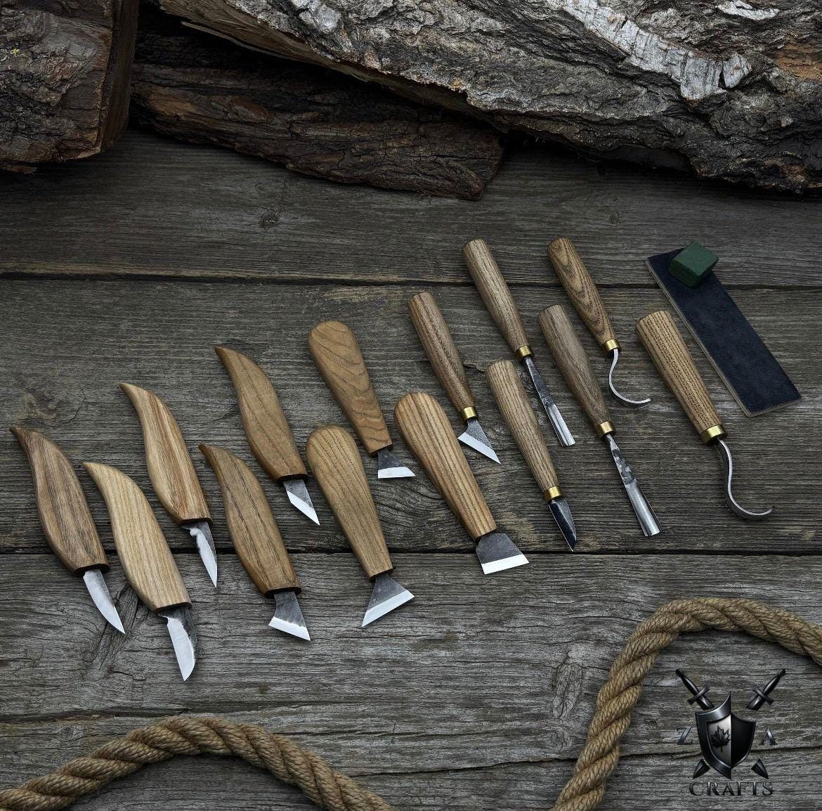 9-Piece Wood Carving Tool Set – D2 High-Carbon Steel Blades, Ash Wood Handles, Leather Roll, Precision Sculpture and Crafting Tools For Gift