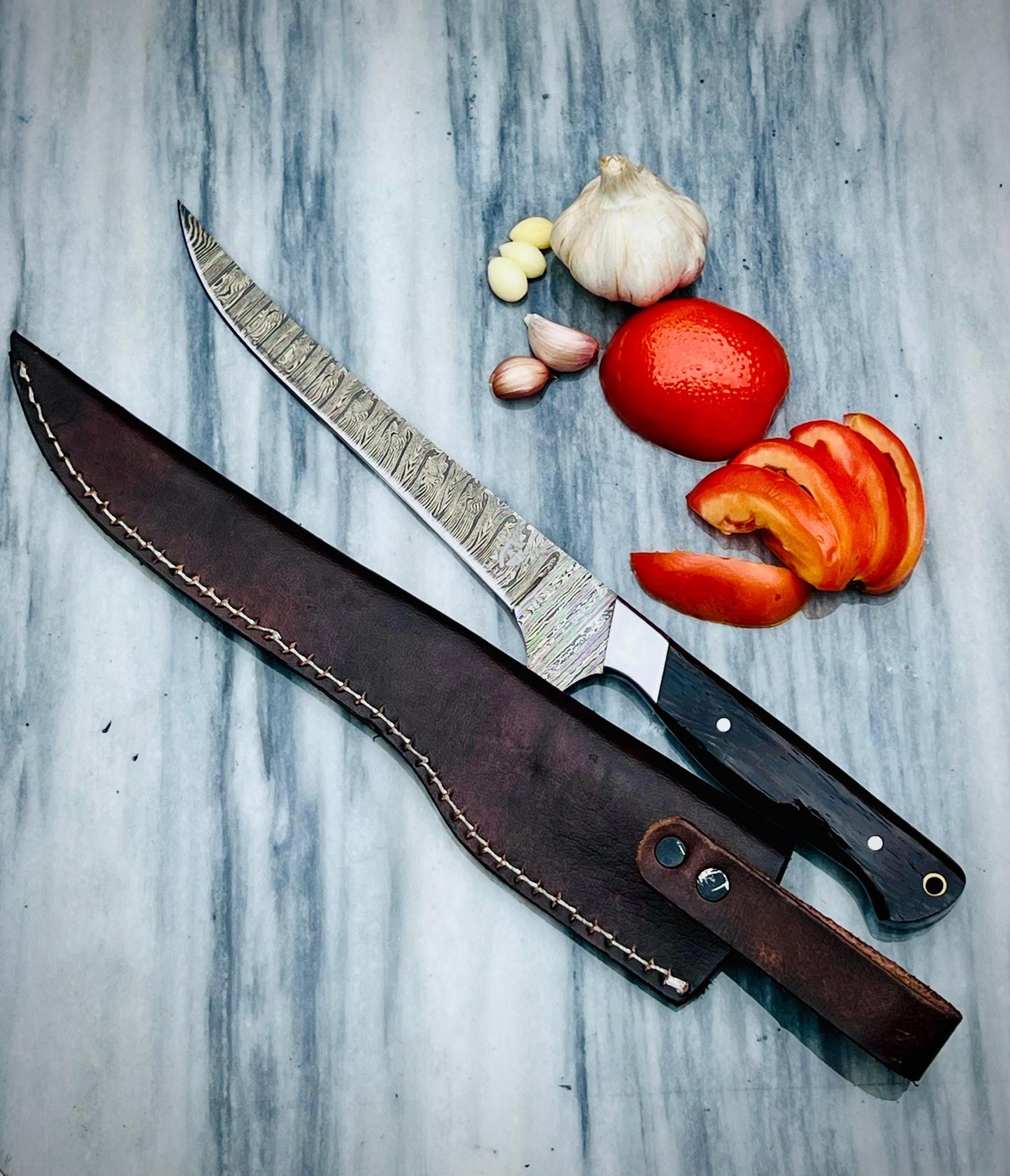 Handmade Damascus Knife with Custom Handle and Genuine Layered Steel | Includes Leather Sheath