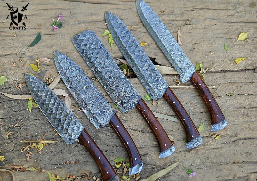 Handmade Damascus Steel Chef Knife Set – Vangie Wood Handles with Leather Sheath | Premium Gift for Chefs and Cooking Lovers