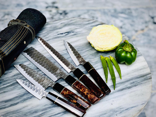 5-Piece Handmade Japanese Black Chef Knife Set with Resin Handle Design & Leather Sheath