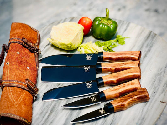 5-Piece Black D2 Steel Knife Set with Leather Sheath – Custom Handmade Kitchen & Outdoor Knives | Perfect Gift Set
