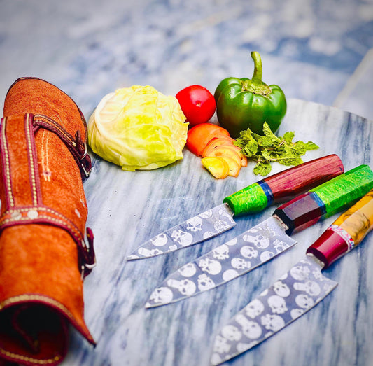 3-Piece Skull Chef Knife Set with Leather Sheath – Tactical & Stylish Kitchen Blades