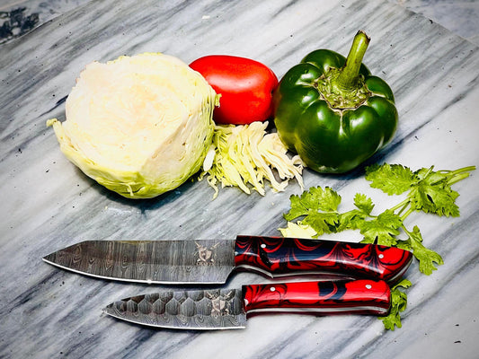 2-Piece Handmade Damascus Kitchen Knife Set – Unique Shapes & Styles with Leather Sheaths | Perfect Gift for Chefs and Collectors