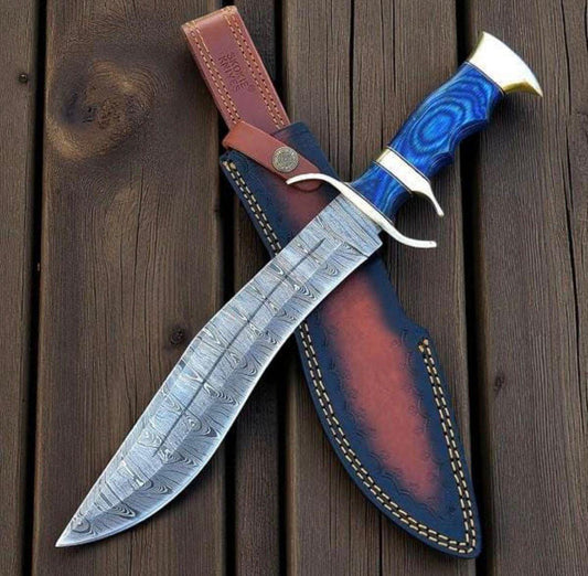 Custom Handmade Damascus Steel Bowie Hunting Knife – Wood Handle Survival Blade | Outdoor Gift for Him, Groomsmen and Anniversary Gift