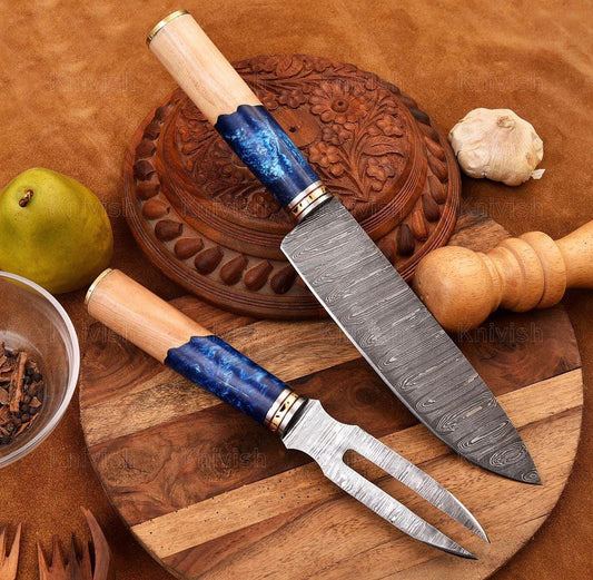 2-Piece Damascus Steel Carving Set – Chef Knife & Fork for BBQ, Camping and Outdoor Cooking | Unique Gift for Him or Her, Birthday Gift