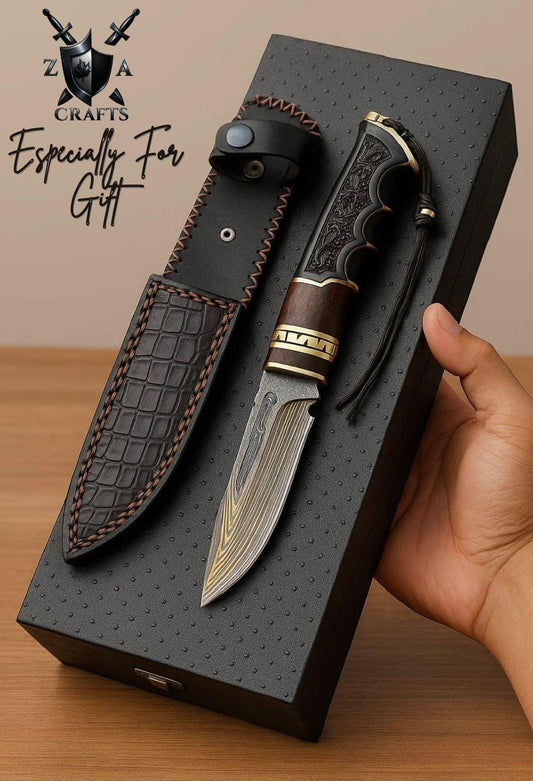 Hand-Forged Damascus Steel Hunting Knife with Engraved Handle & Leather Sheath | Custom Gift Knife by ZA Crafts – Ideal Gift for Him