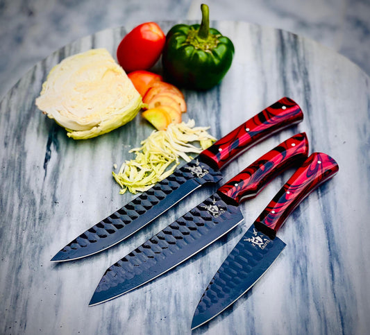 3-Piece Black D2 Steel Chef Knife Set – New Design with Premium Handles & Leather Sheath | Perfect Gift for Chefs