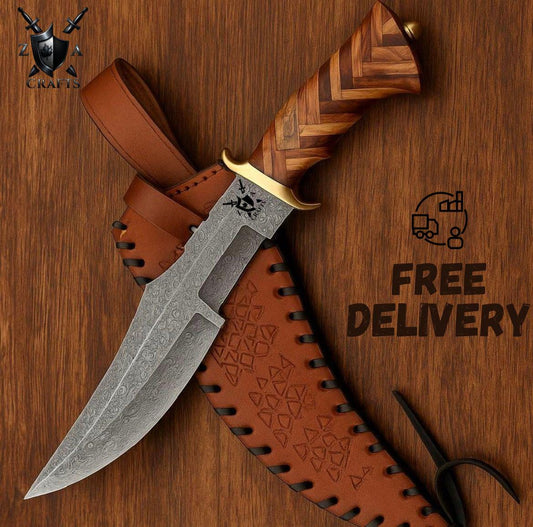 Artisan Hand-Forged Damascus Steel Hunting Knife – Exotic Hardwood Handle & Custom Leather Sheath Hunting Knife Timeless Gift for Him or Her